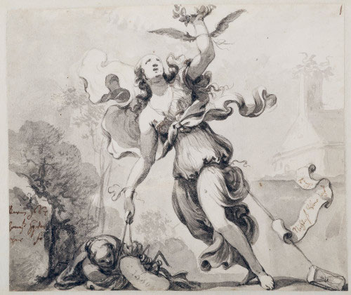 Johann von Spillenberger, Allégorie du peintre, 1667. Crayon, pinceau gris, découpé tout autour, 145 x 173 mm. Salzburg Museum © Salzburg Museum / Rupert Poschacher