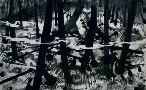 Christine Jean Saules pleureurs, encre de chine sur papier marouflé sur toile 195 x 295 cm, 2008
