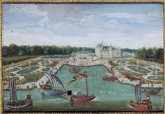 Ecole Française, Vue du château de Chantilly et des parterres pris du Vertugadin, vers 1680. Chantilly, musée Condé ©RMN Gérard Blot. Ecole Française, Vue du château de Chantilly et des parterres pris du Vertugadin, vers 1680. Chantilly, musée Condé ©RMN Gérard Blot.