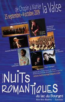 25 septembre au 4 octobre, festival Les Nuits Romantiques, Aix-les-Bains, avec Vienna Classical Players, Nima Sarkechik, Orchestre national de Lorraine, Brigitte Engerer, la Philharmonie de Vienne, Xavier de Maistre,   25 septembre au 4 octobre, festival Les Nuits Romantiques, Aix-les-Bains, avec Vienna Classical Players, Nima Sarkechik, Orchestre national de Lorraine, Brigitte Engerer, la Philharmonie de Vienne, Xavier de Maistre,