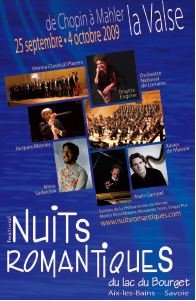 25 septembre au 4 octobre, festival Les Nuits Romantiques, Aix-les-Bains, avec Vienna Classical Players, Nima Sarkechik, Orchestre national de Lorraine, Brigitte Engerer, la Philharmonie de Vienne, Xavier de Maistre,