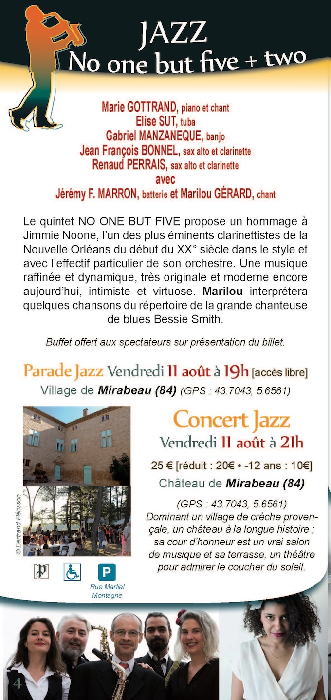 Festival Durance Luberon : Quintet No one but five + two, parade et concert à Mirabeau, Vaucluse, le 11 août 2017