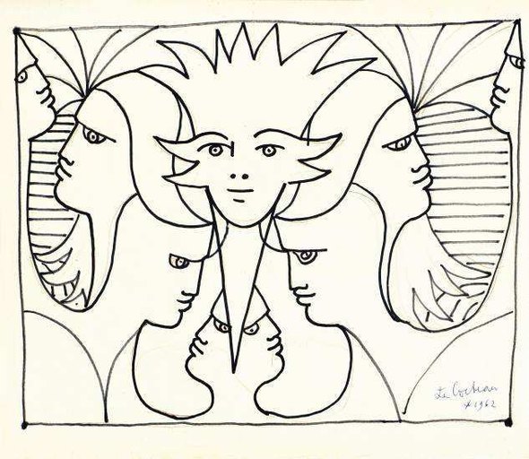 Cocteau, « Foule de visages » - 1962 Marker noir - 32 x 27 cm