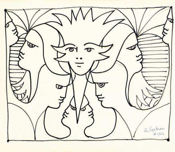 Cocteau, « Foule de visages » - 1962 Marker noir - 32 x 27 cm Cocteau, « Foule de visages » - 1962 Marker noir - 32 x 27 cm