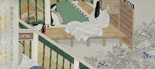 Rouleau tissé du Dit du Genji Illustrations, livre XXVIII du Dit du Genji: Le grillon grelot (Suzumushi), I, Tissé sur métier à mécanique Jacquard, 2009, Musée Guimet, Don de monsieur Akira Nonaka, 2009, MA 12235 © Thierry Ollivier / RMN