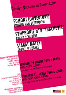 29 et 31 janvier, a Symphonie « Inachevée » de Schubert par les Chœurs et Orchestres des Grandes Ecoles (COGE) à l'Église Sainte Clotilde de Paris