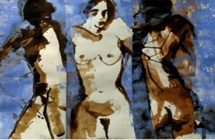 Chrysalide sépia, bleu - Technique mixte sur papier marouflé sur toile – Triptyque 126 x 165 cm