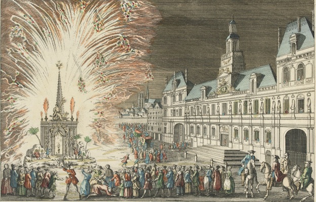 Vue perspective d’un Feu d’Artifice tiré devant l’Hôtel de Ville en réjouissance de la Paix. Anonyme. Eau forte en couleurs. 1763. © Musée Carnavalet / Roger-Viollet