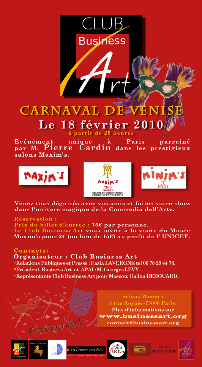 18 février. Soirée costumée chez Maxim's le Jeudi 18 Fevrier 2010 à partir de 20h00 18 février. Soirée costumée chez Maxim's le Jeudi 18 Fevrier 2010 à partir de 20h00