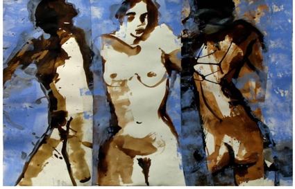 Chrysalide sépia, bleu - Technique mixte sur papier marouflé sur toile – Triptyque 126 x 165 cm