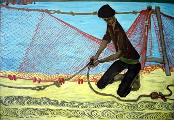 Alice Martinez-Richter, Le pêcheur aux cordages lovés - vers 1969 Alice Martinez-Richter, Le pêcheur aux cordages lovés - vers 1969