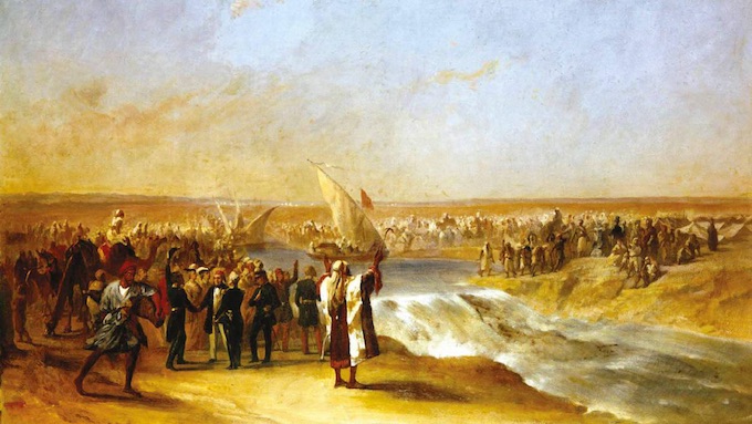 Le dernier coup de pioche donné par Ismaïl Pacha le jour de la jonction des eaux, le 15 août 1869 (huile sur toile, XIXe s. artiste inconnu) © Souvenir de Ferdinand de Lesseps et du Canal de Suez / Lebas Photographie Paris