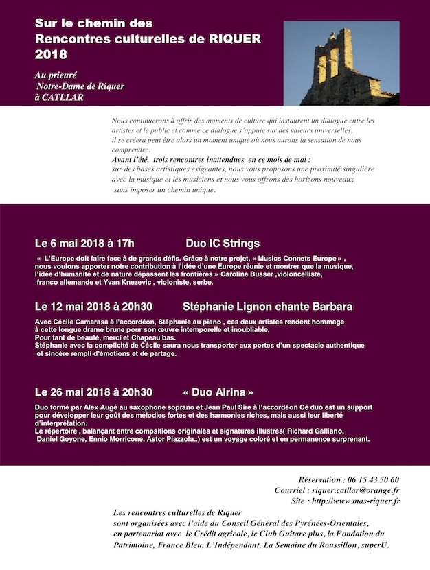 Rendez vous musicaux de mai des Rencontres culturelles de Riquer à Catllar (66) Rendez vous musicaux de mai des Rencontres culturelles de Riquer à Catllar (66)