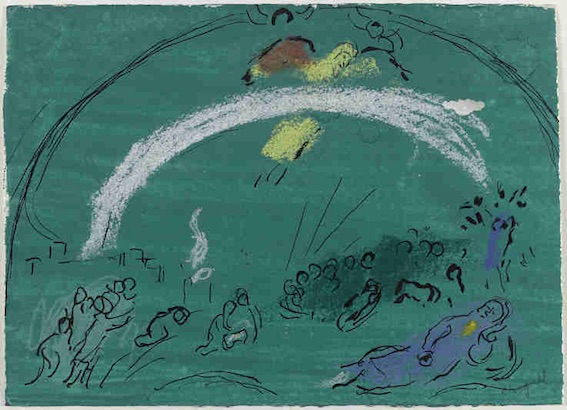 Marc Chagall, Noé et l'arc-en-ciel, 1961 - 1966, pastel, crayon, encre de Chine et lavis de gouache sur papier vélin, Musée national Marc Chagall, Nice © RMN-Grand Palais/ Gérard Blot © ADAGP, Paris, 2017-2018