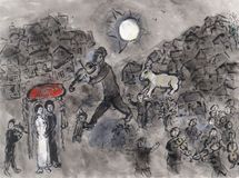 Marc Chagall, (1887-1985). Couple d'amoureux et violonistes. Lavis, encre de chine, gouache et pastel sur papier. 57,7 x 75,5 cm. Collection Privée