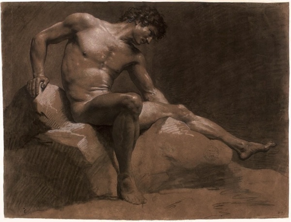 Jean-Baptiste Isabey, Homme assis appuyé sur le bras gauche, les jambes croisées, février 1789, pierre noire estompée sur papier brun, 46,8 x 60,7 cm, EBA 2964.