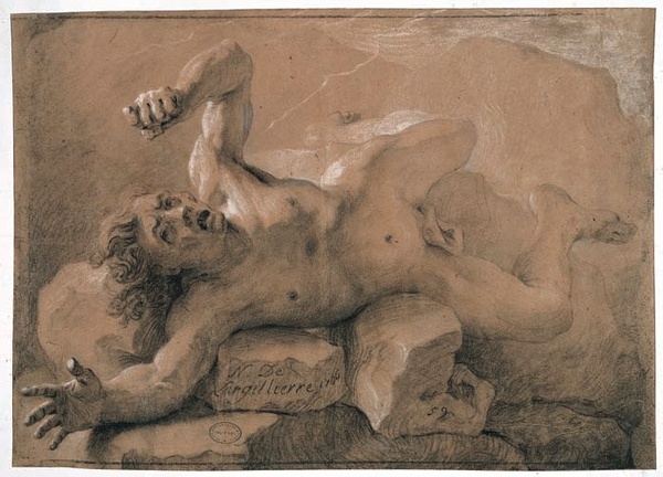 Nicolas de Largillierre, Titan foudroyé, 1706, pierre et rehauts de craie blanche sur papier brun, 38,9 x 55,3 cm., EBA 2992.