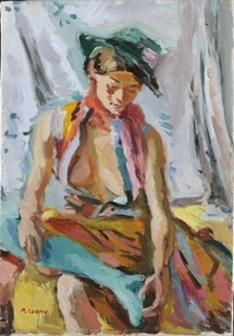 Pierre Cornu, Jeune femme au chapeau vert. Huile sur toile 55 x 38 cm