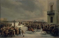 Attaque du carré des Décabristes par le régiment des gardes à cheval le 14 décembre 1825 par Timm Vassiliy (1820-1895), 1853 © Collection musée de l’Ermitage Attaque du carré des Décabristes par le régiment des gardes à cheval le 14 décembre 1825 par Timm Vassiliy (1820-1895), 1853 © Collection musée de l’Ermitage