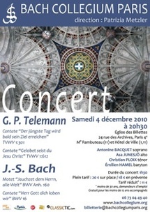 4.12.10 : Concert Cantates et Motet de Bach et Telemann, église des Billettes, Paris
