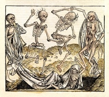 Danse macabre Tirée du Liber Chronicarum opus de temporibus mundi, de Hartmann Schedel. Michel Wolgemut, Nuremberg, 1493 Xylographie, rehaut de polychromie © F. Boucquillon Fund - photo Hugo Maertens