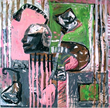 Gersende, Rose, peinture sur journaux et dessins marouflés sur toile, 80 x 80 cm, 2008