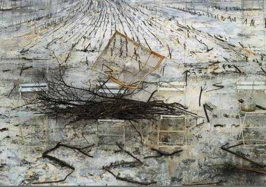 Anselm Kiefer. Urd, Werdandi, Skuld, 2007. Huile, émulsion, gomme-laque, terre sur bois, branches et chaise pliante.Collection Würth. Photo : Charles Duprat