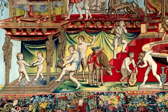D’après Giovanni da Udine, Triomphe des Dieux, triomphe de Bacchus, détail, tissage vers 1560, Paris, Mobilier national © P. Sébert D’après Giovanni da Udine, Triomphe des Dieux, triomphe de Bacchus, détail, tissage vers 1560, Paris, Mobilier national © P. Sébert