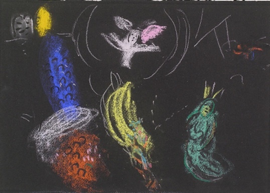 Marc Chagall, Moïse devant le Buisson Ardent, 1960-1966, pastel et encre de chine sur papier noir © musée national Marc Chagall ©  P.Gérin