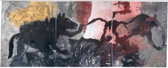 Patrick Loste, Lupas et Lycanthropes, 2010 Triptyque, pigments et encres sur toile 250 x 600 cm Collection privée