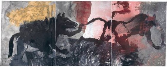 Patrick Loste, Lupas et Lycanthropes, 2010 Triptyque, pigments et encres sur toile 250 x 600 cm Collection privée Patrick Loste, Lupas et Lycanthropes, 2010 Triptyque, pigments et encres sur toile 250 x 600 cm Collection privée