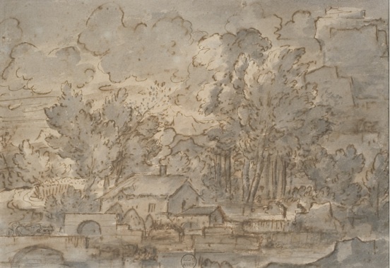 Sébastien Bourdon (1616-1671), Paysage au moulin, plume, encre brune et lavis gris, 0,195 x 0,282 m, Montpellier, musée Atger