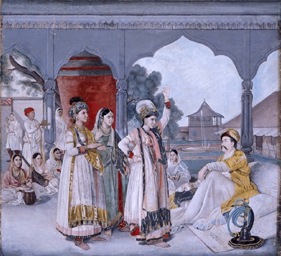 Le Colonel Antoine-Louis Polier assistant à un nautch, d'après une peinture de Johann Zoffany Inde, Uttar Pradesh,  Lucknow, vers 1786-1788 Gouache sur papier 25 x 32 cm Museum Rietberg, Zurich, legs de Balthasar Reinhart