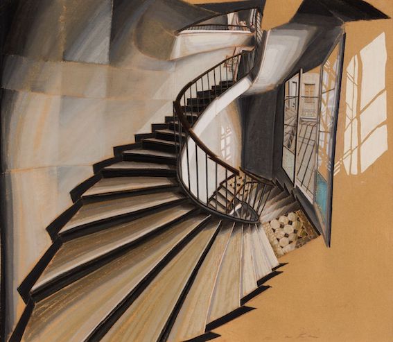 Sam Szafan (né en 1934), L'escalier au 54 rue de Seine, Paris, Pastel et gouache sur carton, 60,5x69,5cm