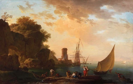 Claude-Joseph Vernet (Avignon, 1714 – Paris, 1789) Une crique près de Naples avec un château et des pêcheurs Huile sur toile. 63,3 x 98,8 cm. Présenté par Charles Beddington Ltd