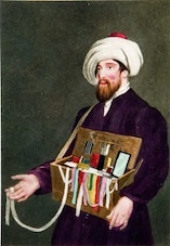 Juif marocain vendant des rubans, miroirs et ciseaux dans les rues de Londres aquatinte Grande Bretagne, début XIXème © Col. Dahan-Hirsch
