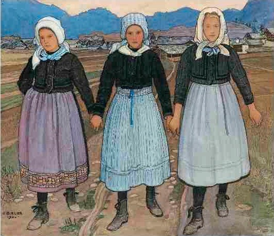 Ernest Biéler, Trois jeunes filles de Savièse, 1920 Aquarelle sur papier marouflé sur carton, 31.5 x 39 cm Collection particulière © Hinterkappelen, Markus Beyeler