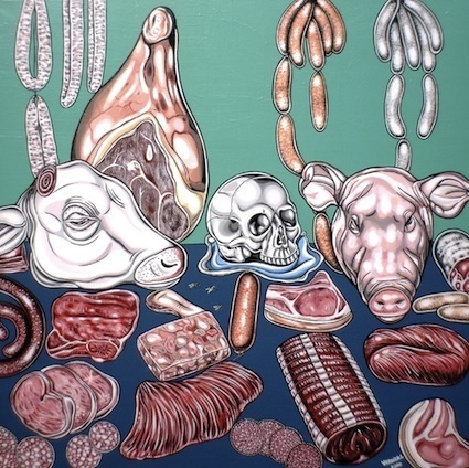 Laurent Vernier, Vanité, viandes et charcuteries, 100 X 100cm, 2010 Laurent Vernier, Vanité, viandes et charcuteries, 100 X 100cm, 2010