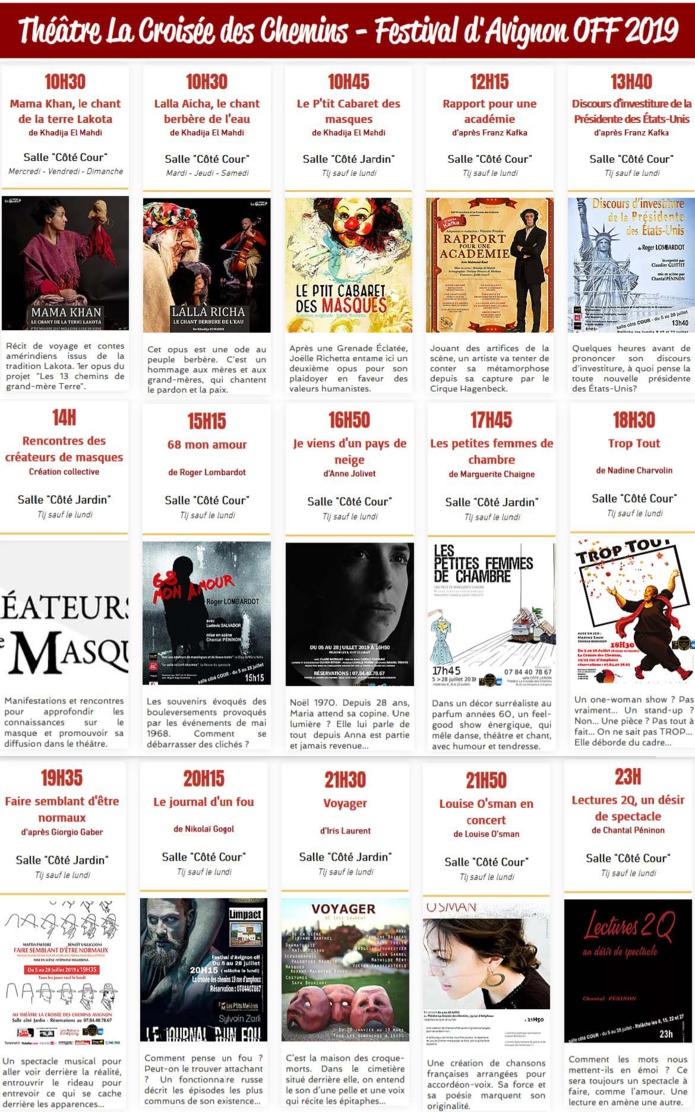 Avignon Off. Programmation 2019 du Théâtre la Croisée des Chemins (25 rue d’Amphoux, 84000 Avignon)
