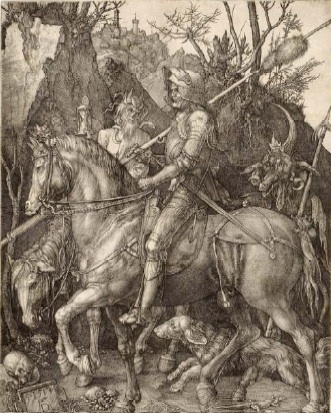 Albrecht Dürer, Le Chevalier, la Mort et le Diable, 1513, gravure au burin, 24,4 x 18,7 cm, Strasbourg, Cabinet des Estampes et des Dessins. Photo : M. Bertola / Musées de Strasbourg