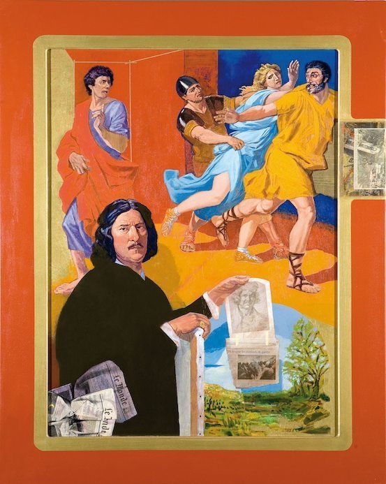 Eduardo Arroyo "Dos Anonimos observando a Fantomas en la Pasarela Cibeles", 2007 Huile sur toile 116 x 73 cm © Galerie Louis carré Eduardo Arroyo "Dos Anonimos observando a Fantomas en la Pasarela Cibeles", 2007 Huile sur toile 116 x 73 cm © Galerie Louis carré