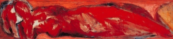 SERGE PLAGNOL - Nu allongé Femme-paysage la rouge 2001, 55 x 250 cm, huile sur toile