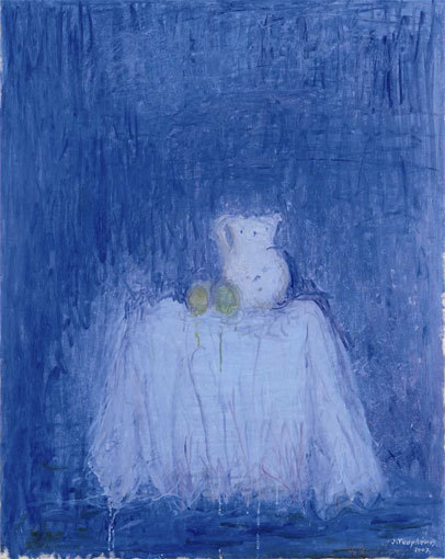 Truphémus. Nature morte sur fond bleu, 2007. Huile sur toile, 92x73cm, collection particulière