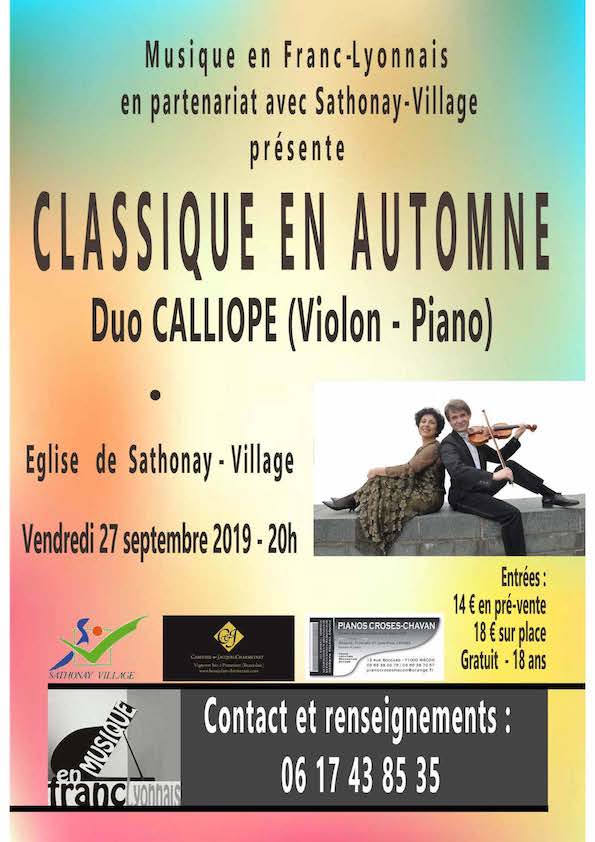 Duo Calliope, vendredi 27 septembre 2019 à 20h à l'église de Sathonay-Village