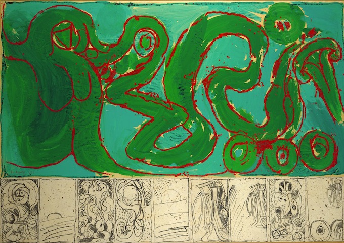 Pierre Alechinsjy, CoBrA de transmission, 1968, acrylique sur toile (prédelle : lithographies marouflées sur toile) © ADAGP Paris 2019