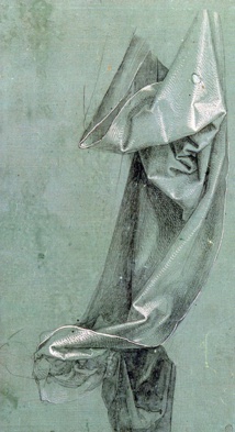 Albrecht Dürer, Étude de draperie, 1528, Pinceau et encre de Chine, rehauts de blanc sur papier préparé vert foncé Albrecht Dürer, Étude de draperie, 1528, Pinceau et encre de Chine, rehauts de blanc sur papier préparé vert foncé