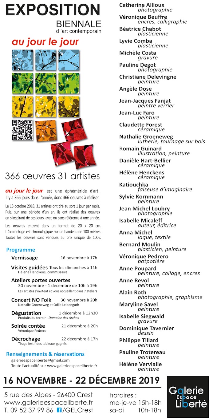 « au jour le jour ! », Galerie Espace Liberté, Crest (26), samedi 16 novembre à partir de 10 h « au jour le jour ! », Galerie Espace Liberté, Crest (26), samedi 16 novembre à partir de 10 h
