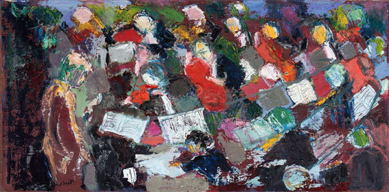 Yvon Tardy, Les musiciens. Huile sur toile 40x80-cm. 2002