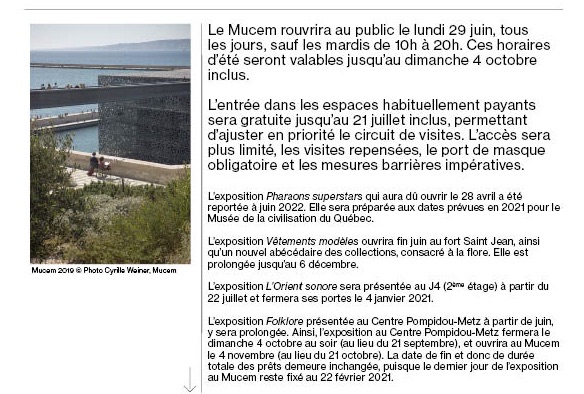 Marseille. Réouverture du Mucem le lundi 29 juin 2020
