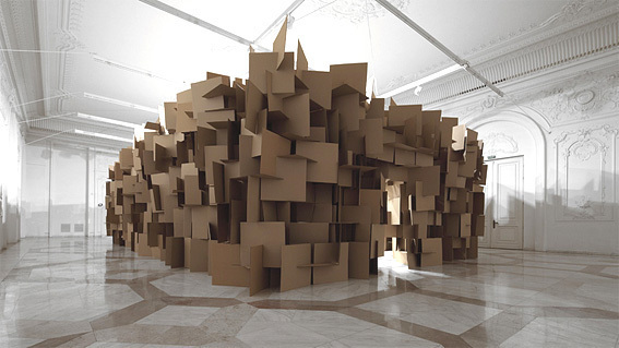 200 prepared dc-motors, 2000 cardboard elements 70x70cm Zimoun in collaboration with Architect Hannes Zweifel 2011 200 prepared dc-motors, 2000 cardboard elements 70x70cm Zimoun in collaboration with Architect Hannes Zweifel 2011